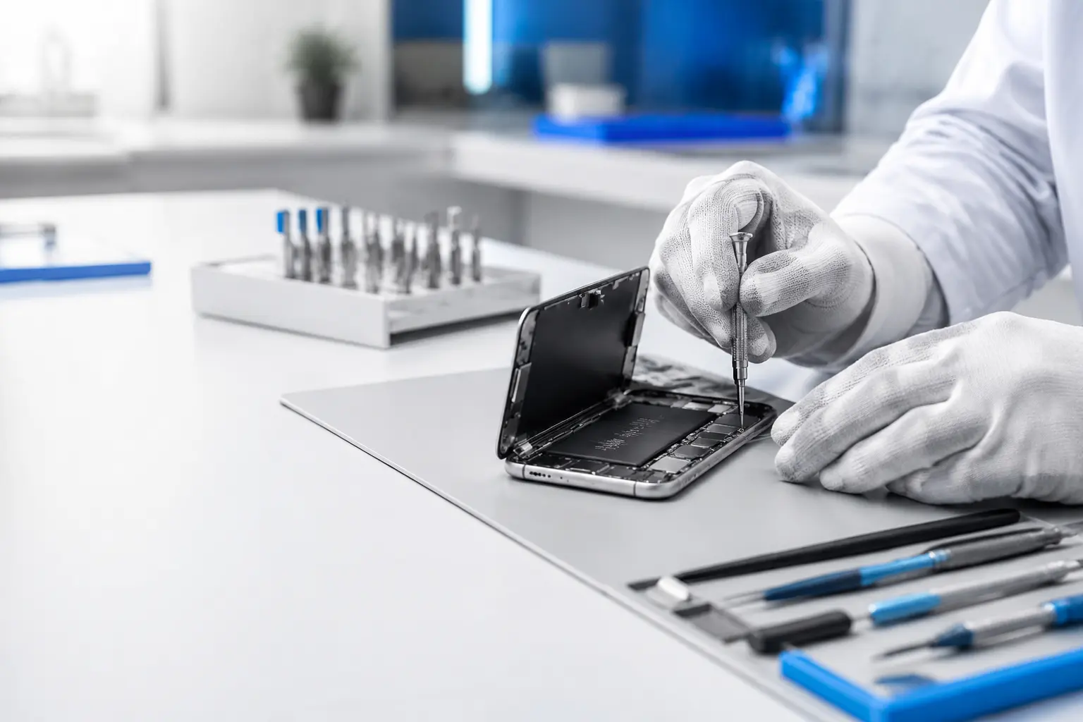 A technician repairing a smartphone at a clean workbench